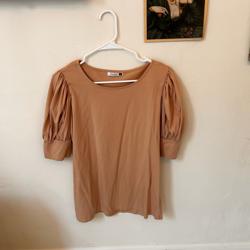 DoRose Tan Puff Sleeve Blouse soft cotton spandex L